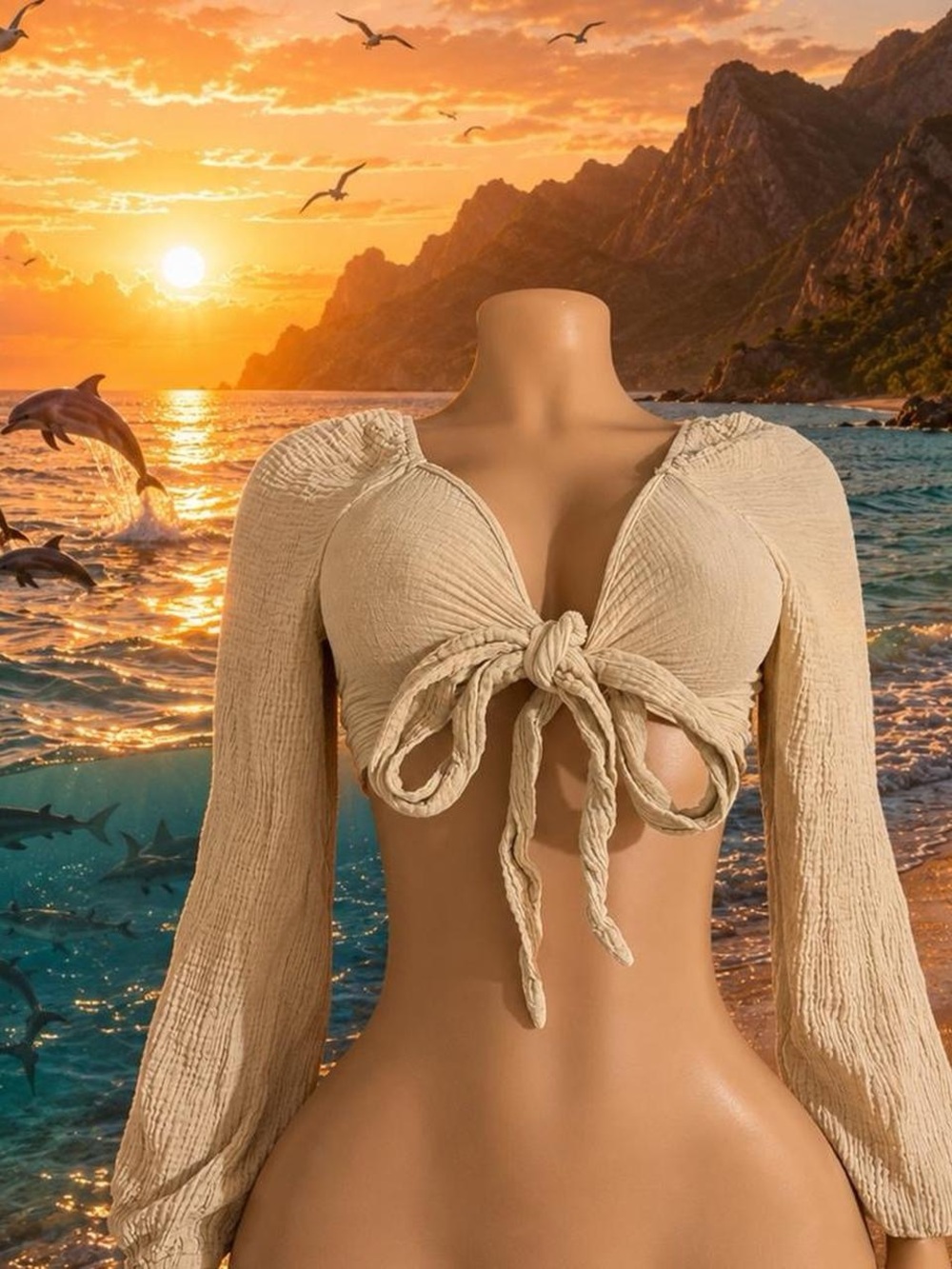Women’s Cream Tie-Front Long Sleeve Swim Top